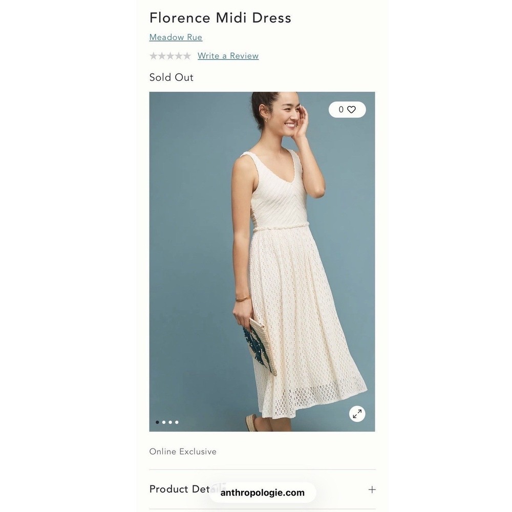 Anthropologie Meadow Rue Florence Midi Dress XXS Ivory Eyelet Lace Cottage Boho